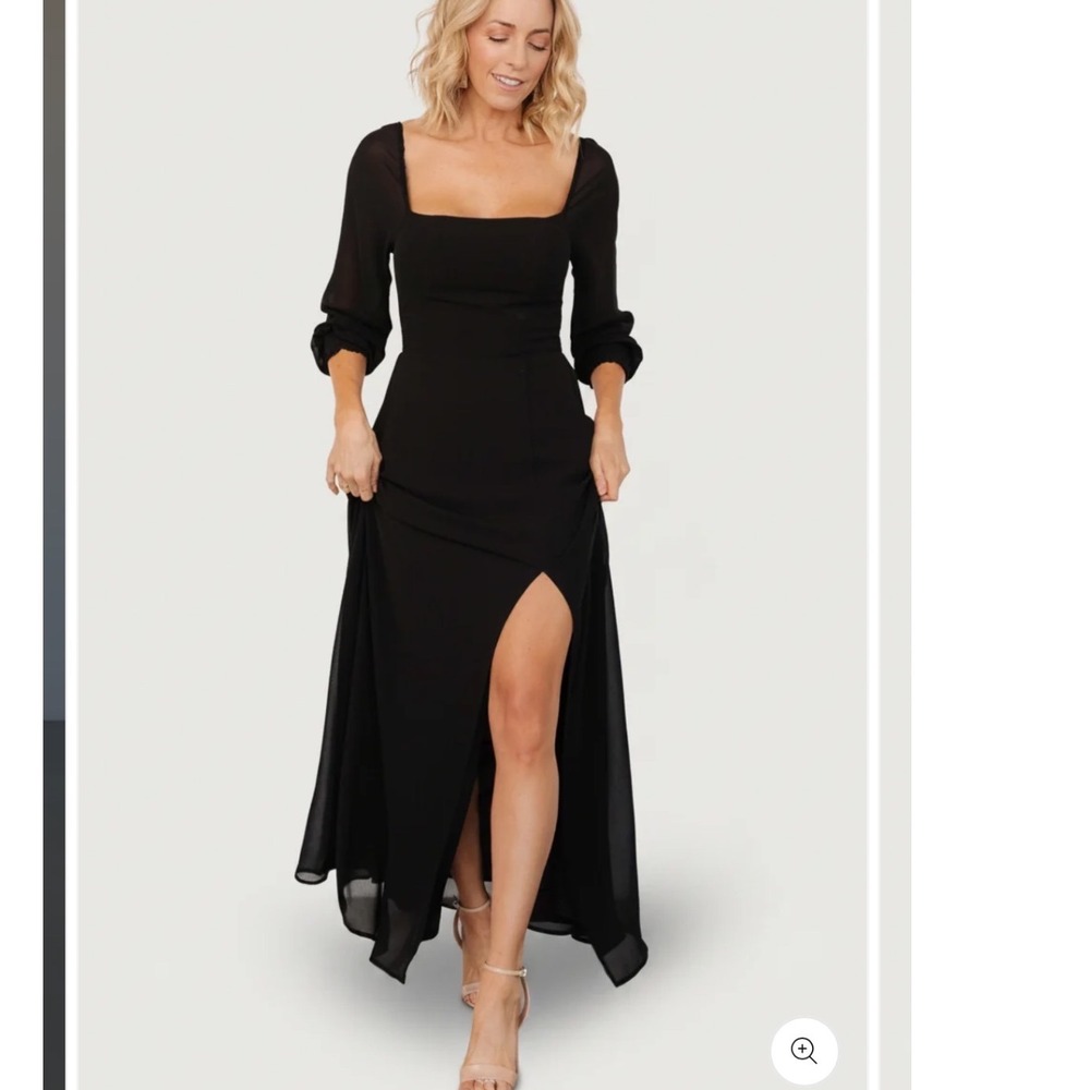Baltic Born Giselle Chiffon Maxi Dress M Black Square Neck Long Sleeve Slit